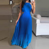 Women O-neck Lace Up Backless Holiday Dress Elegant High Waist Loose Party Dresses New Gradient Printed Pleated Long Dress women dress by DSERS