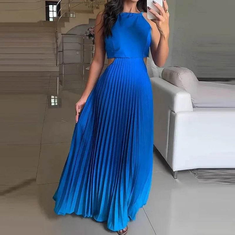 Women O-neck Lace Up Backless Holiday Dress Elegant High Waist Loose Party Dresses New Gradient Printed Pleated Long Dress women dress by DSERS