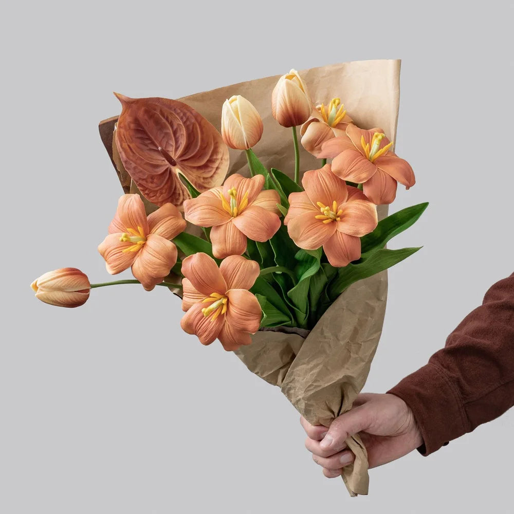 10Pc/lot PU Artificial Flowers Anthurium Bridal Bouquet Wedding Decoration Fake Palm Flowers Home Party Table Floral Arrangement by DSERS