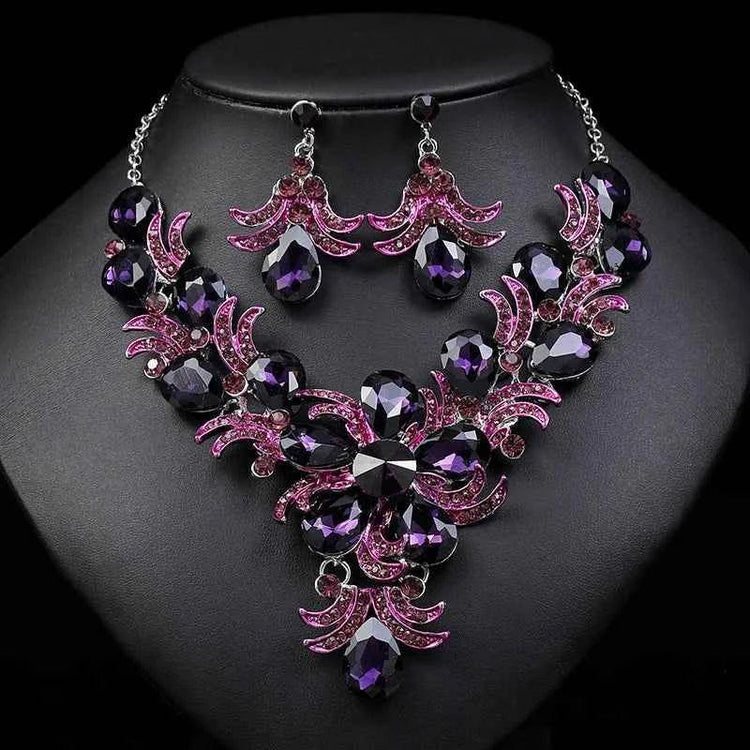 Luxury Purple Crystal Flower Jewelry Set for Women Rhinestone Stud Earrings & Necklace Wedding Party Accessory Bridal Gift by George Black
