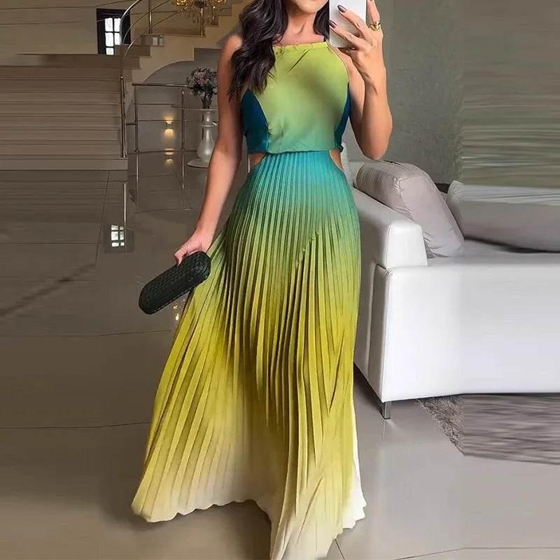 Women O-neck Lace Up Backless Holiday Dress Elegant High Waist Loose Party Dresses New Gradient Printed Pleated Long Dress women dress by DSERS
