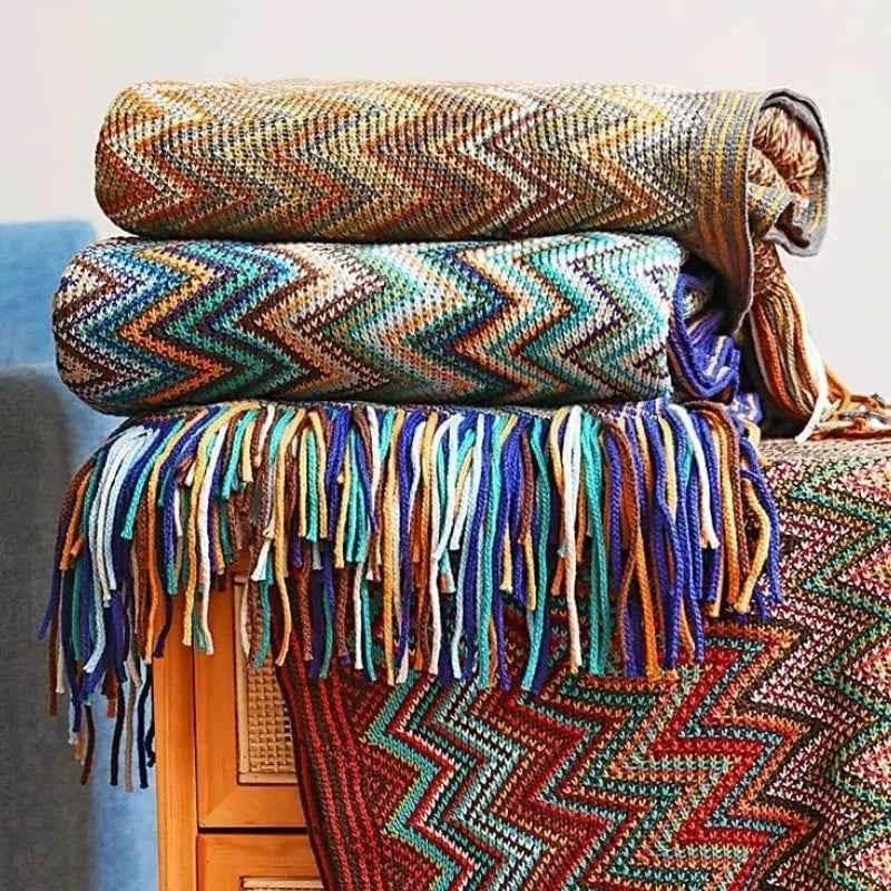Bohemian Couch Blanket Large Knitted Tassel Throw for Bed Chair Sofa Couch Cover All-Season Blankets Home Decor Soft Comfortable by DSERS