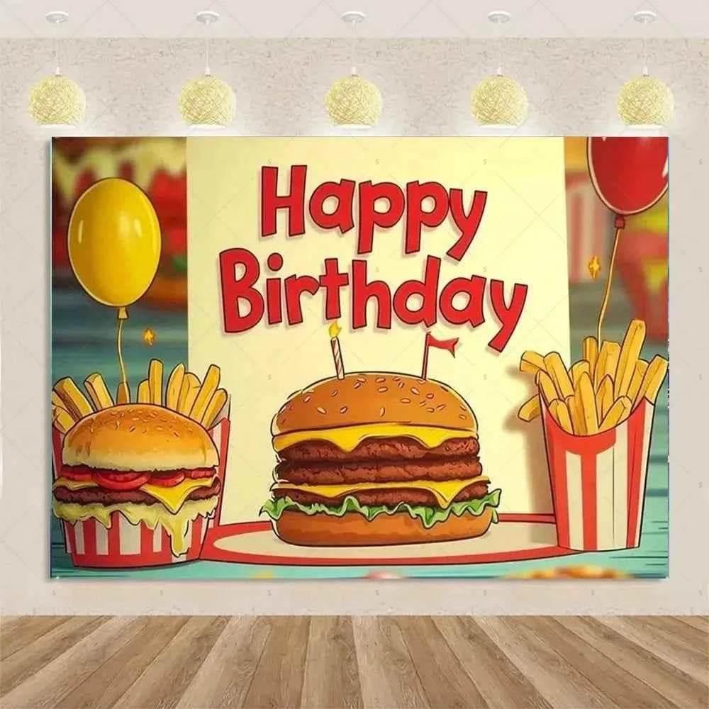 Quick Food Theme Birthday Party Decoration Hamburger French Fries Pizza Background Banner Photography Backdrop Supplies Kid Gift by DSERS