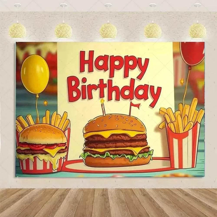 Quick Food Theme Birthday Party Decoration Hamburger French Fries Pizza Background Banner Photography Backdrop Supplies Kid Gift by DSERS