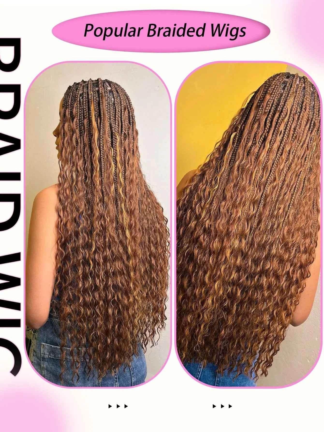 Synthetic Blonde Goddess Boho Box Braided Wigs For Women Braided Full Lace Wig With Curly Hair Ends Big Part Knotless Box Braids Wigs by DSERS / AliHairs Store