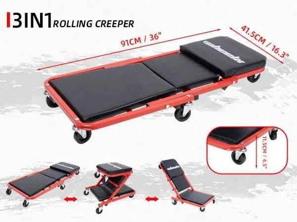 3-in-1 Rolling Mechanic Creeper Z Seat, Foldable Garage Chair Lay Down Sit Lean Back, Under Car Shop Auto Repair, Red Black Mechanic Creeper by DSERS