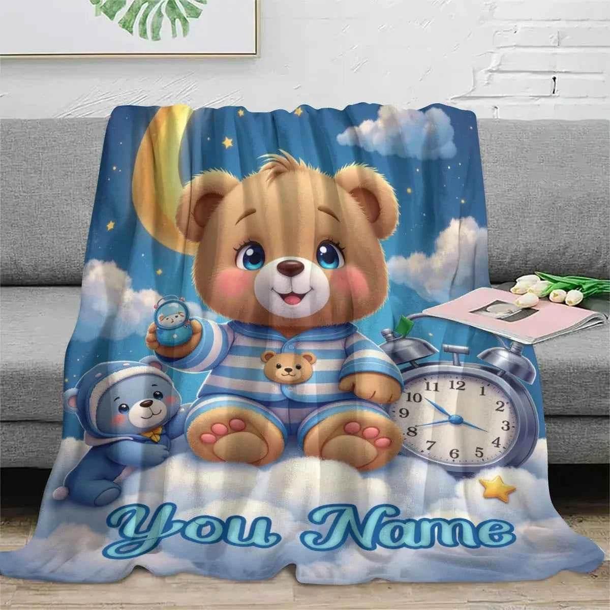 Customized personalized name blanket, printed portable, goodnight bear cartoon, party, birthday, daughter or son gift,sofa，soft by DSERS