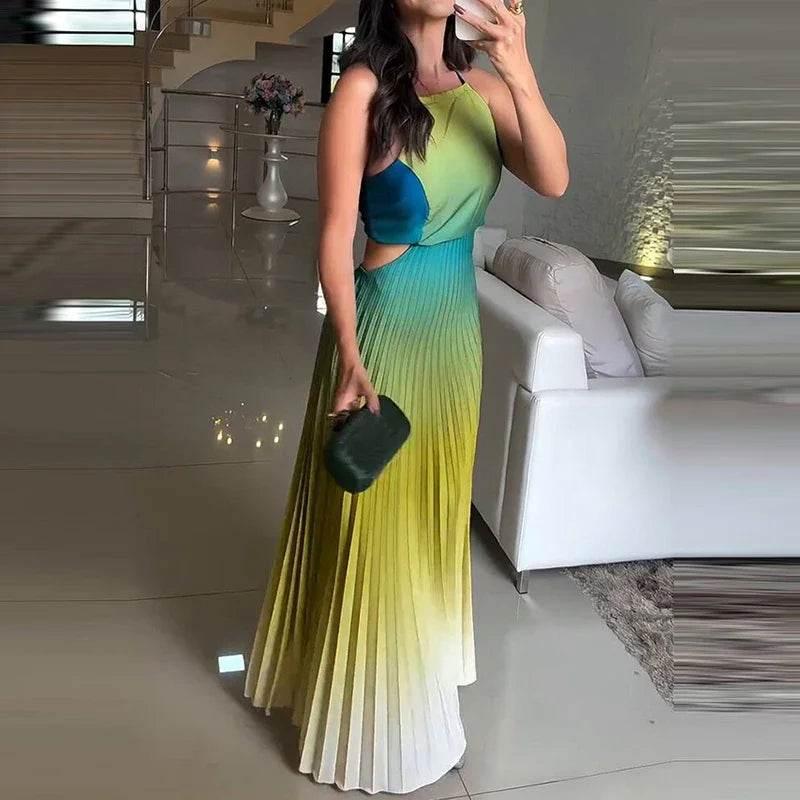 Women O-neck Lace Up Backless Holiday Dress Elegant High Waist Loose Party Dresses New Gradient Printed Pleated Long Dress women dress by DSERS