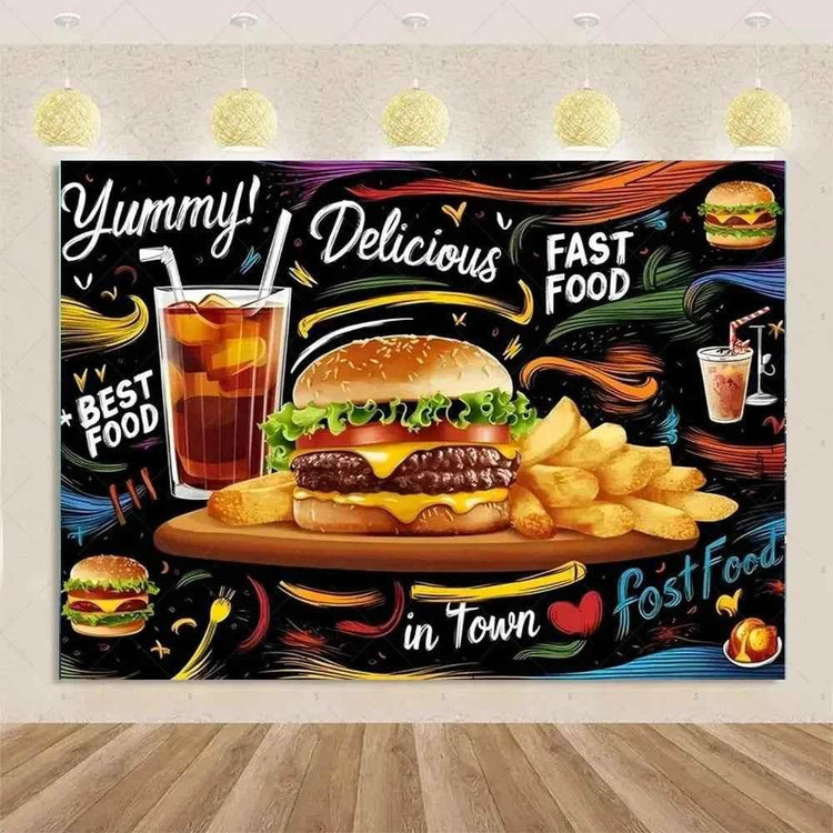 Quick Food Theme Birthday Party Decoration Hamburger French Fries Pizza Background Banner Photography Backdrop Supplies Kid Gift by DSERS