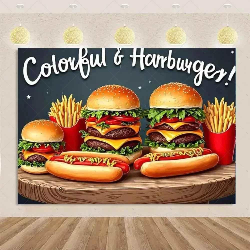 Quick Food Theme Birthday Party Decoration Hamburger French Fries Pizza Background Banner Photography Backdrop Supplies Kid Gift by DSERS