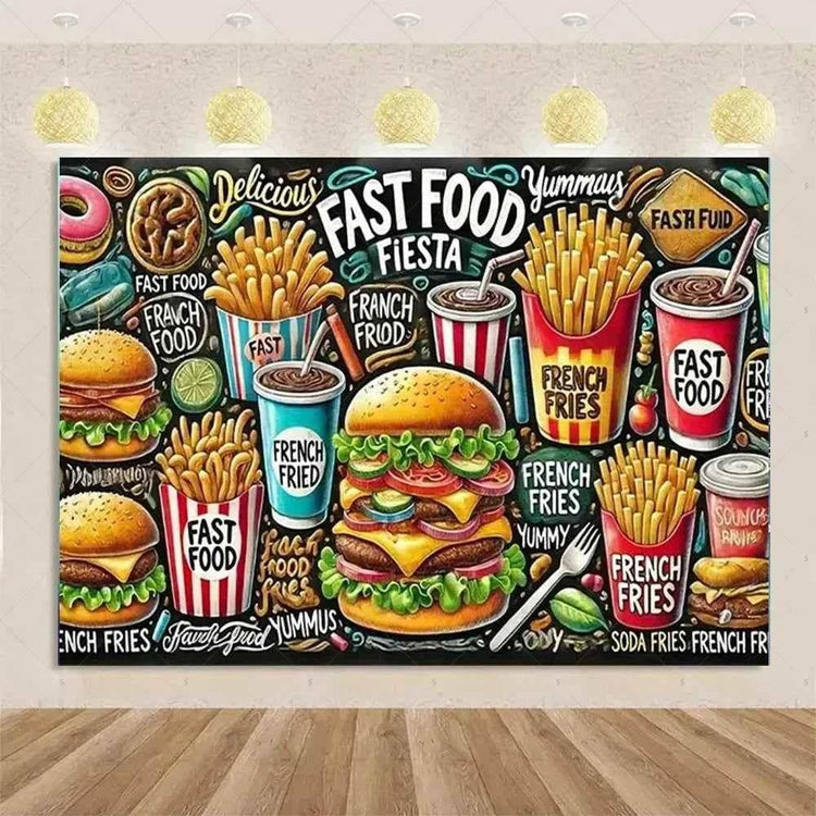 Quick Food Theme Birthday Party Decoration Hamburger French Fries Pizza Background Banner Photography Backdrop Supplies Kid Gift by DSERS