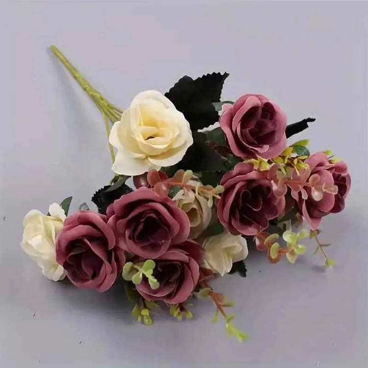 12 Heads Rose Artificial Flowers Fake Two color Flowers with Stems Faux Roses Flower Bouquets Home Wedding Christmas Party Decor by DSERS