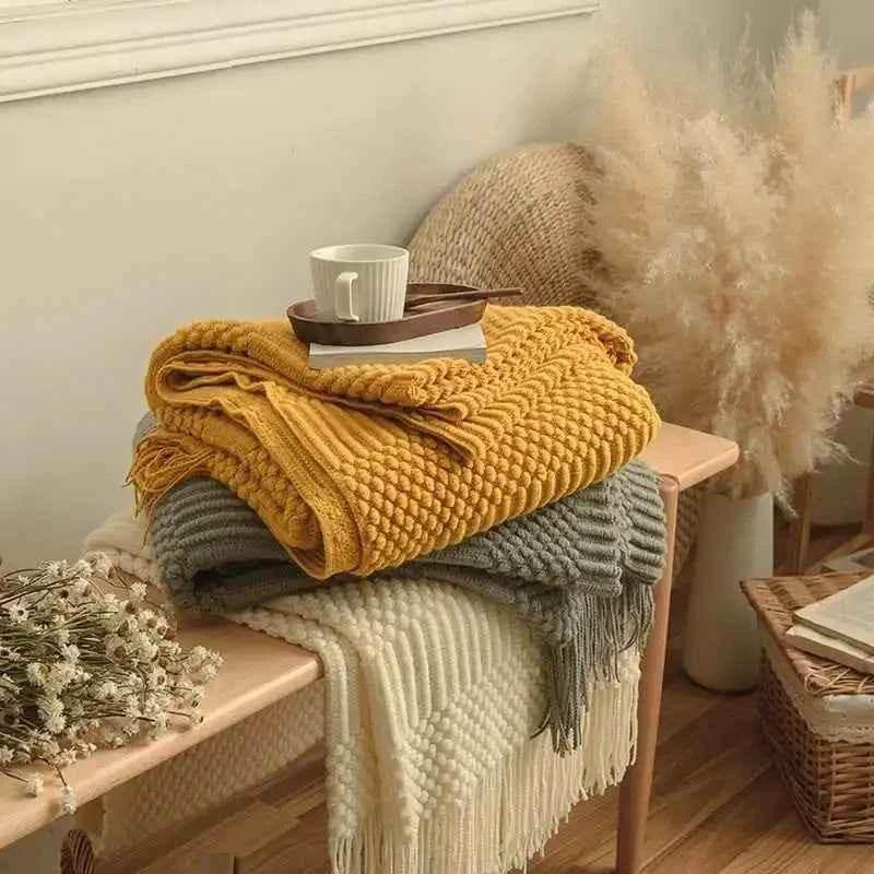 Bohemian Couch Blanket Large Knitted Tassel Throw for Bed Chair Sofa Couch Cover All-Season Blankets Home Decor Soft Comfortable by DSERS