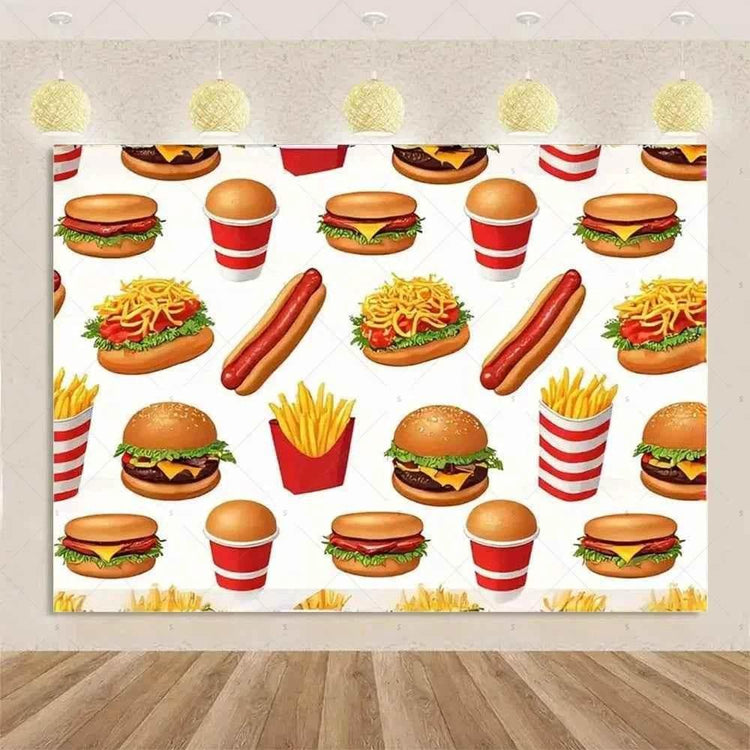 Quick Food Theme Birthday Party Decoration Hamburger French Fries Pizza Background Banner Photography Backdrop Supplies Kid Gift by DSERS