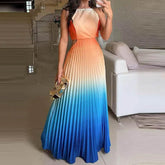 Women O-neck Lace Up Backless Holiday Dress Elegant High Waist Loose Party Dresses New Gradient Printed Pleated Long Dress women dress by DSERS