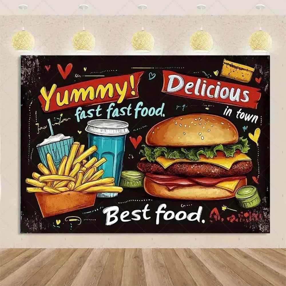 Quick Food Theme Birthday Party Decoration Hamburger French Fries Pizza Background Banner Photography Backdrop Supplies Kid Gift by DSERS