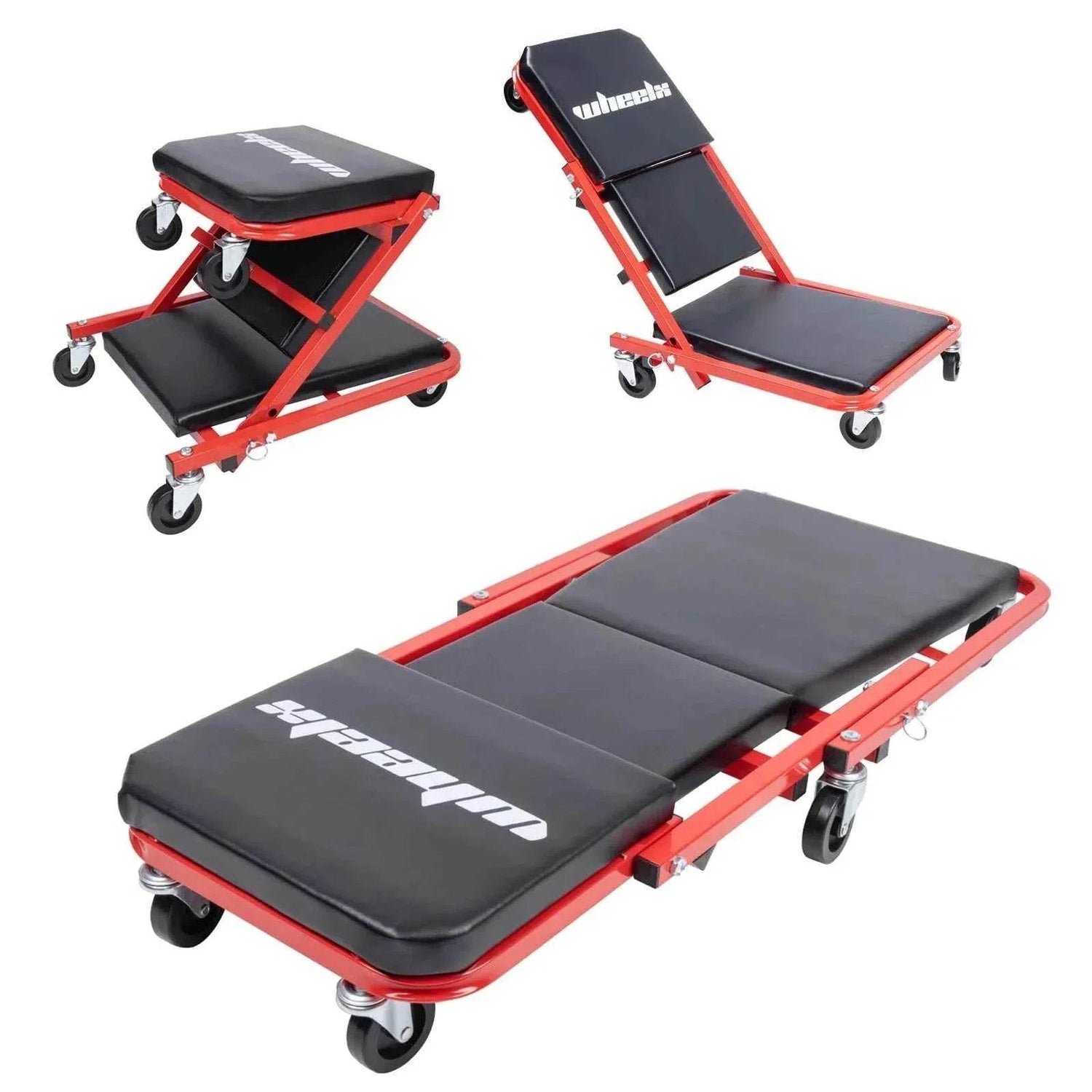 3-in-1 Rolling Mechanic Creeper Z Seat, Foldable Garage Chair Lay Down Sit Lean Back, Under Car Shop Auto Repair, Red Black Mechanic Creeper by DSERS