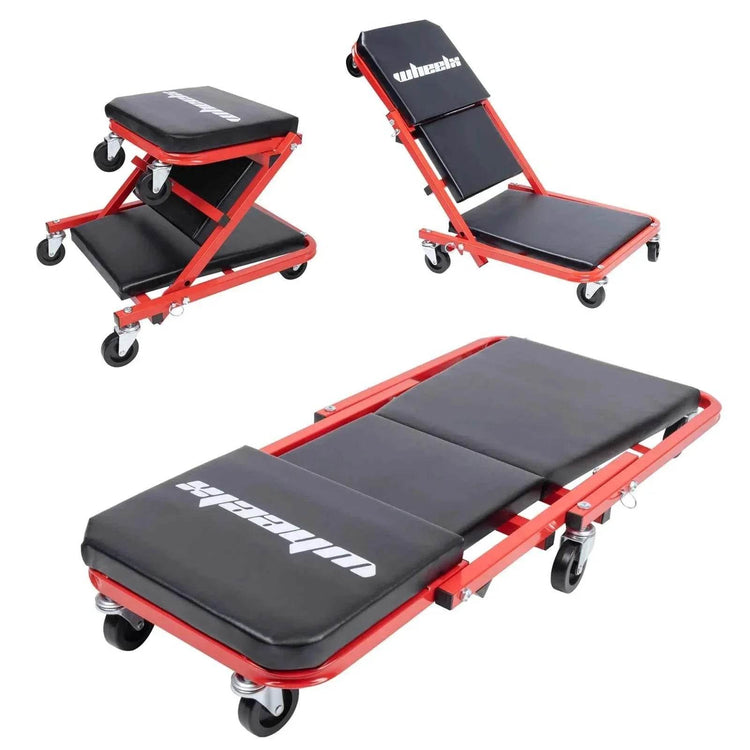 3-in-1 Rolling Mechanic Creeper Z Seat, Foldable Garage Chair Lay Down Sit Lean Back, Under Car Shop Auto Repair, Red Black Mechanic Creeper by DSERS