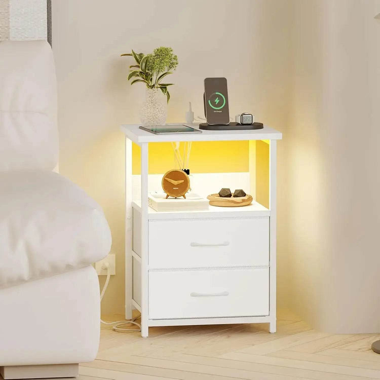 Nightstand Set of 2 Night Stand with Charging Station, LED Nightstand with Fabric Drawers, End Table with PU Finish, Bed Side Table Nightstands by DSERS