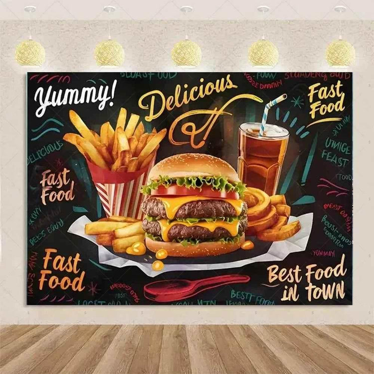 Quick Food Theme Birthday Party Decoration Hamburger French Fries Pizza Background Banner Photography Backdrop Supplies Kid Gift by DSERS