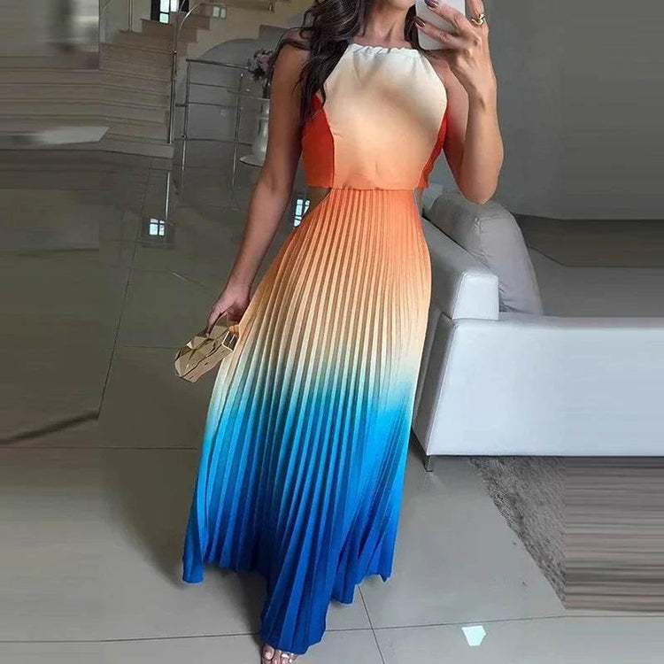 Women O-neck Lace Up Backless Holiday Dress Elegant High Waist Loose Party Dresses New Gradient Printed Pleated Long Dress women dress by DSERS