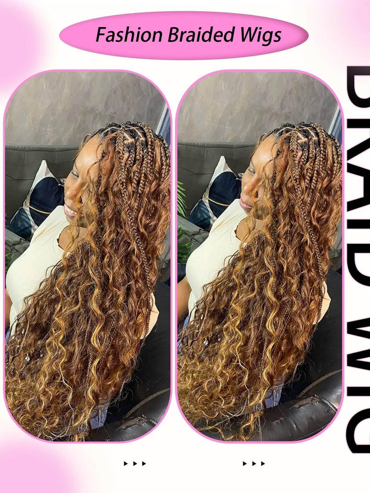 Boho Knotless Braided Wigs Synthetic Full Lace Braids With Curly Hair Ends Goddess Ombre Blonde Box Braided Wigs With Baby Hair Braided Wigs by DSERS / AliHairs Store