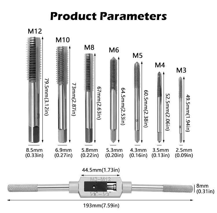 M3-M12 8/6 PCS Metric Hand Tap Set HSS Right-handed Tapping Drill Thread Punching Wrench Hand Tools Male to Make Thread in Steel Hand Tap Set by DSERS