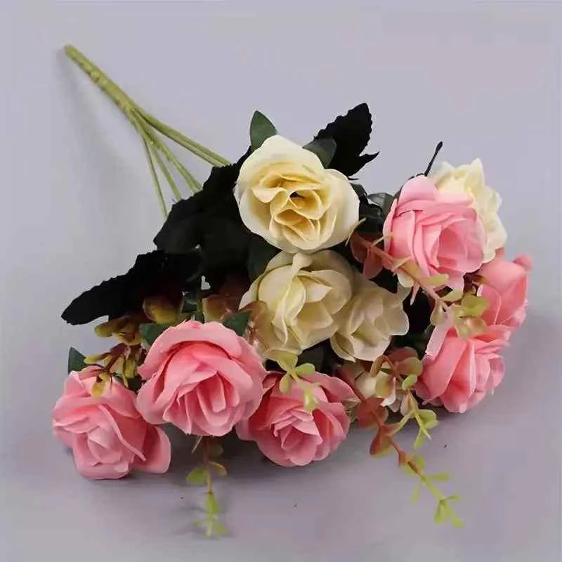 12 Heads Rose Artificial Flowers Fake Two color Flowers with Stems Faux Roses Flower Bouquets Home Wedding Christmas Party Decor by DSERS