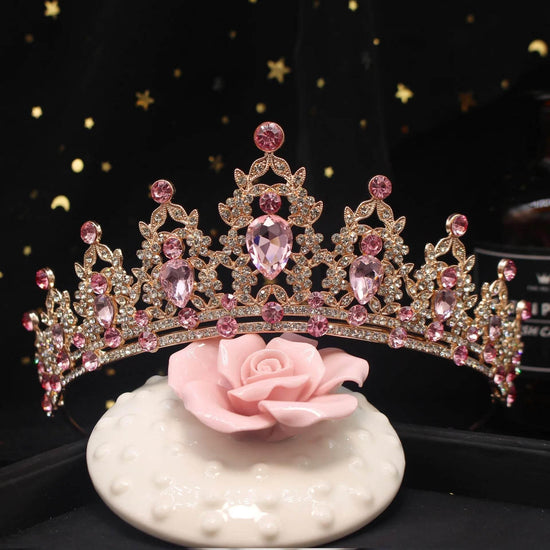 Baroque Vintage Gold Color Pink Crystal Wedding Tiaras Crown Rhinestone Diadem Bridal Hair Accessories Headbands Tiara De Noiva Bridal Jewelry by DSERS