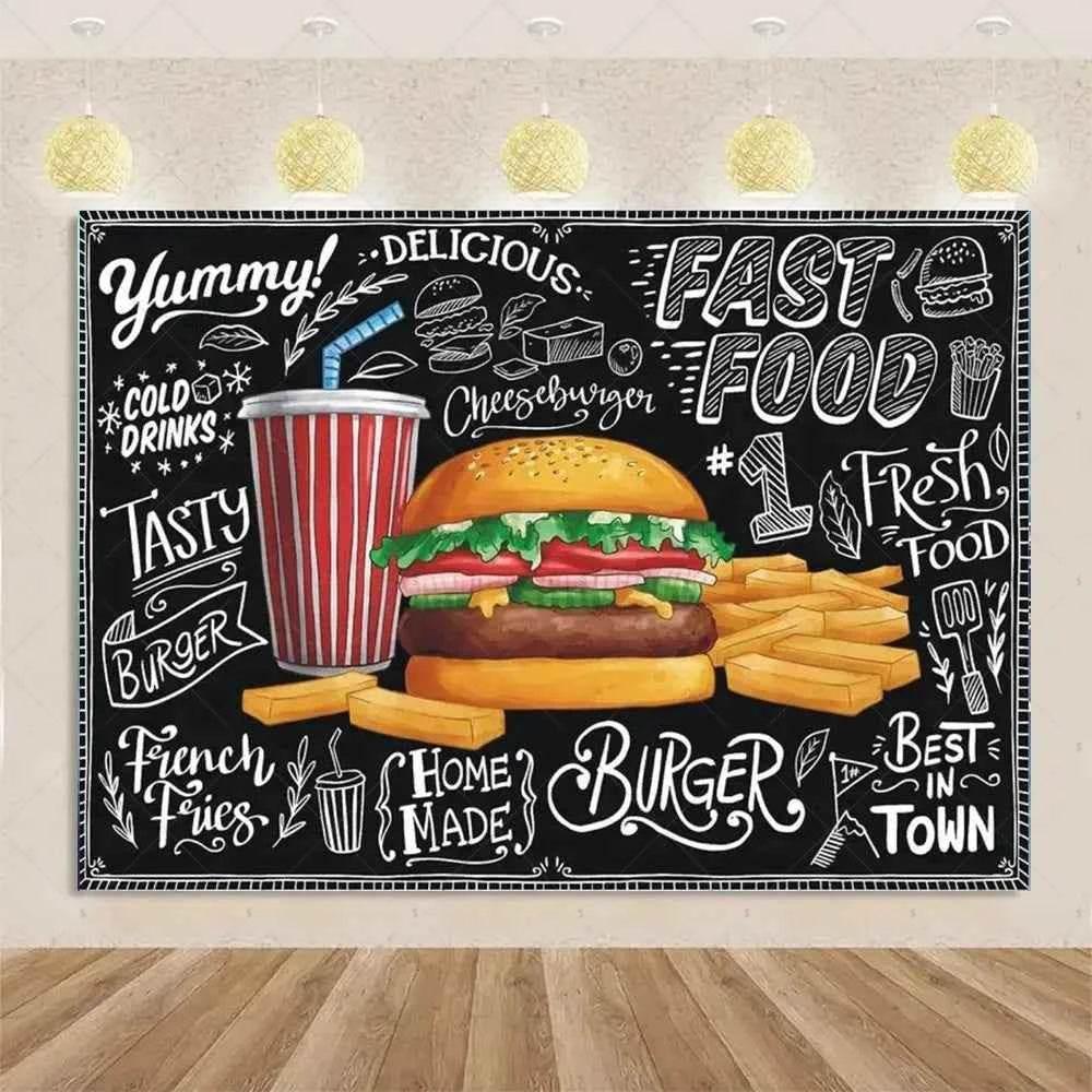 Quick Food Theme Birthday Party Decoration Hamburger French Fries Pizza Background Banner Photography Backdrop Supplies Kid Gift by DSERS