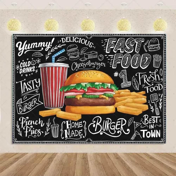 Quick Food Theme Birthday Party Decoration Hamburger French Fries Pizza Background Banner Photography Backdrop Supplies Kid Gift by DSERS