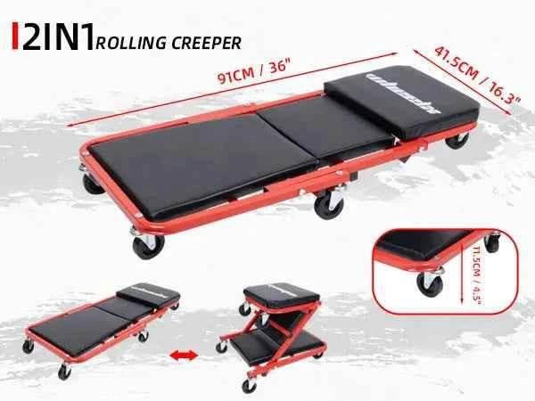 3-in-1 Rolling Mechanic Creeper Z Seat, Foldable Garage Chair Lay Down Sit Lean Back, Under Car Shop Auto Repair, Red Black Mechanic Creeper by DSERS
