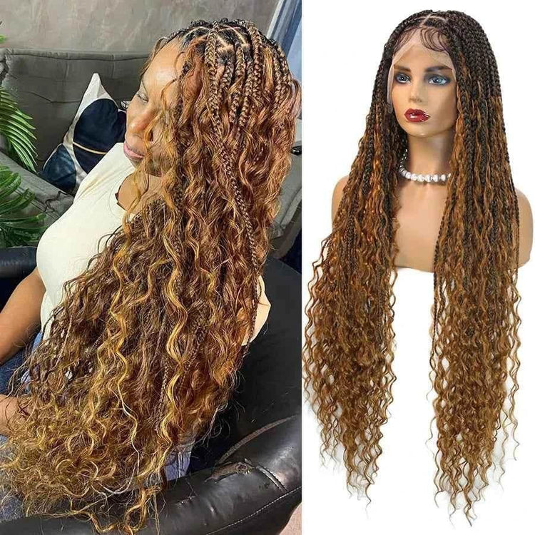 Synthetic Blonde Goddess Boho Box Braided Wigs For Women Braided Full Lace Wig With Curly Hair Ends Big Part Knotless Box Braids Wigs by DSERS / AliHairs Store