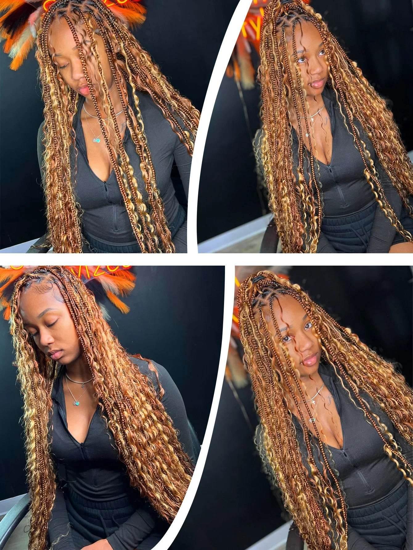 Boho Knotless Braided Wigs Synthetic Full Lace Braids With Curly Hair Ends Goddess Ombre Blonde Box Braided Wigs With Baby Hair Braided Wigs by DSERS / AliHairs Store