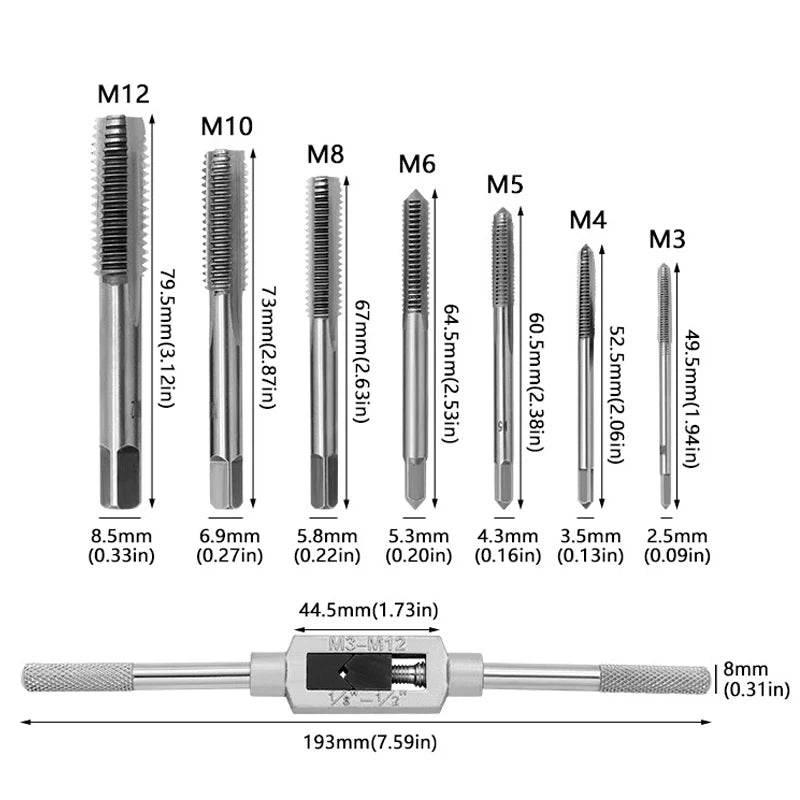 M3-M12 8/6 PCS Metric Hand Tap Set HSS Right-handed Tapping Drill Thread Punching Wrench Hand Tools Male to Make Thread in Steel Hand Tap Set by DSERS