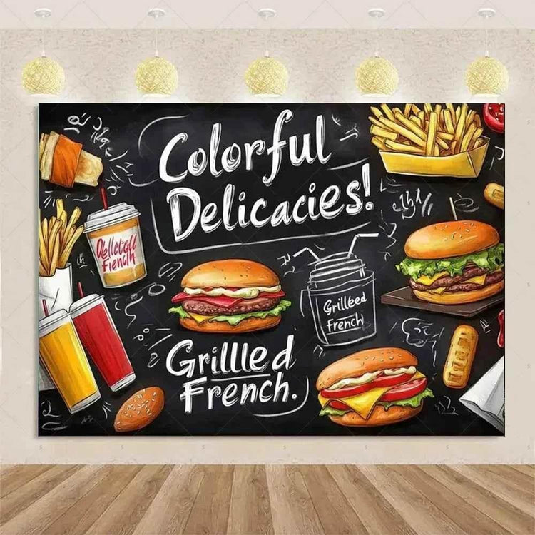 Quick Food Theme Birthday Party Decoration Hamburger French Fries Pizza Background Banner Photography Backdrop Supplies Kid Gift by DSERS
