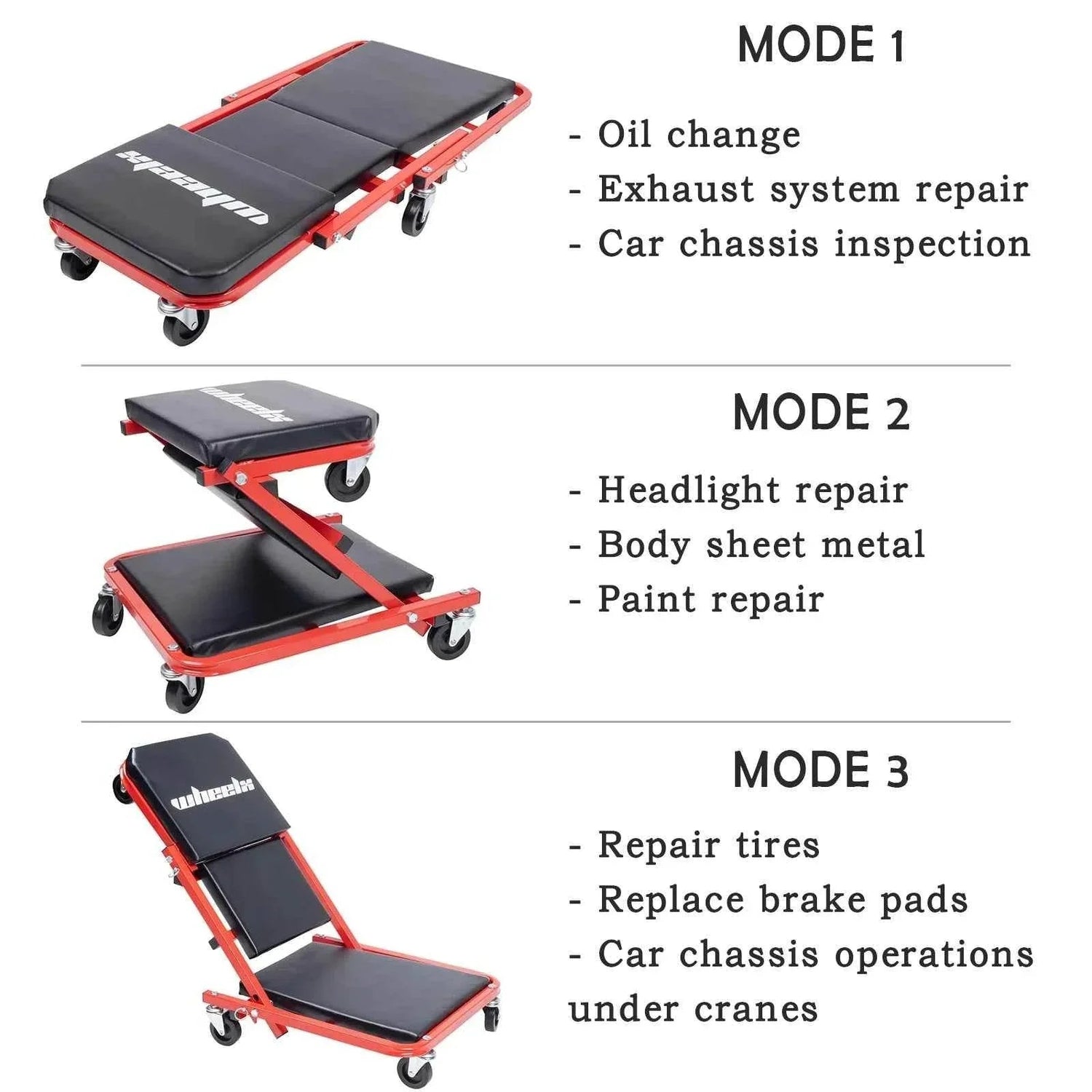 3-in-1 Rolling Mechanic Creeper Z Seat, Foldable Garage Chair Lay Down Sit Lean Back, Under Car Shop Auto Repair, Red Black Mechanic Creeper by DSERS