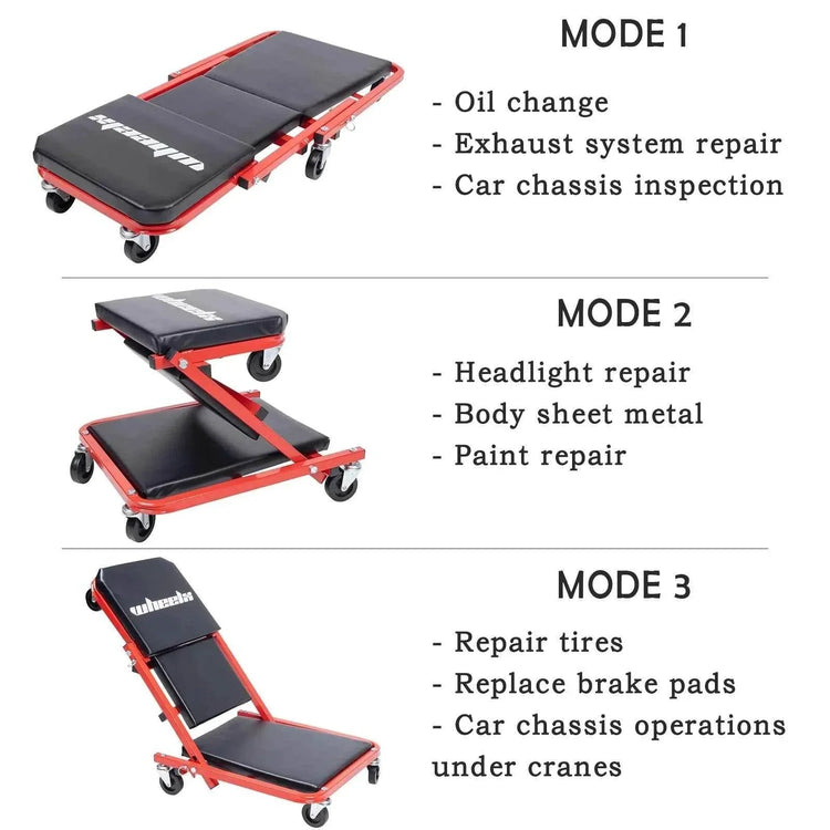 3-in-1 Rolling Mechanic Creeper Z Seat, Foldable Garage Chair Lay Down Sit Lean Back, Under Car Shop Auto Repair, Red Black Mechanic Creeper by DSERS