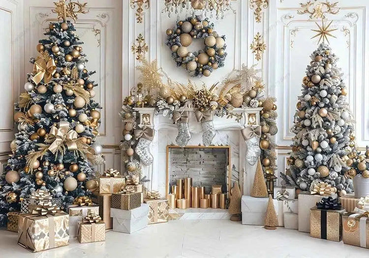 White Christmas Fireplace Background Xmas Tree Garland Gift Photography Backdrop Family Kids Holiday Party Banner Photo Studio by DSERS