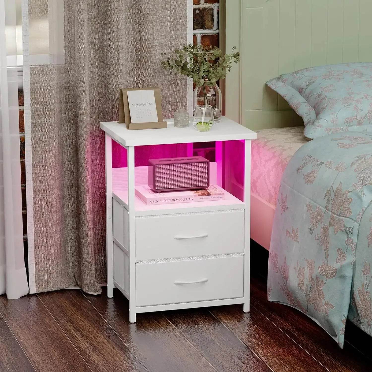 Nightstand Set of 2 Night Stand with Charging Station, LED Nightstand with Fabric Drawers, End Table with PU Finish, Bed Side Table Nightstands by DSERS