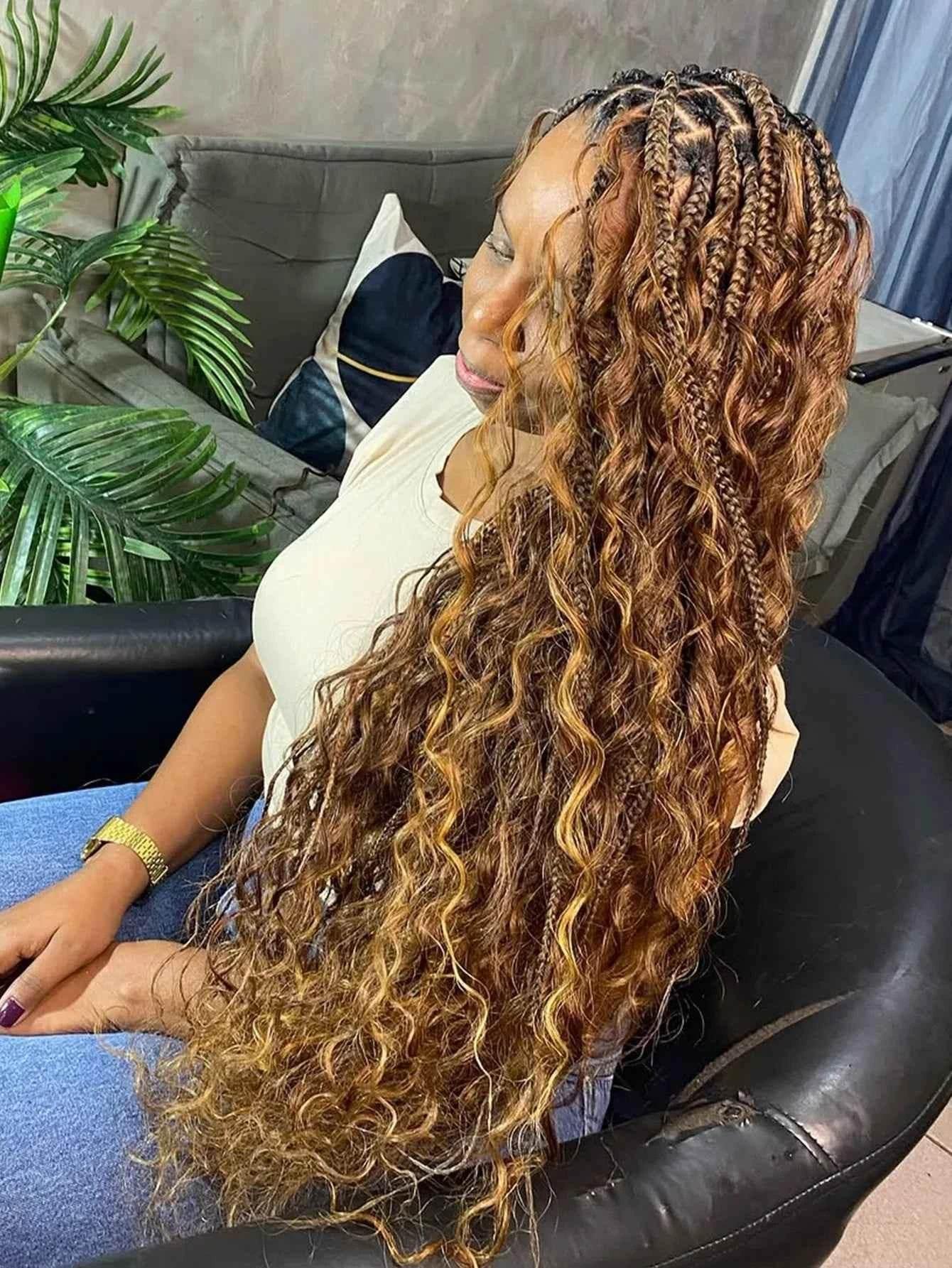 Synthetic Blonde Goddess Boho Box Braided Wigs For Women Braided Full Lace Wig With Curly Hair Ends Big Part Knotless Box Braids Wigs by DSERS / AliHairs Store