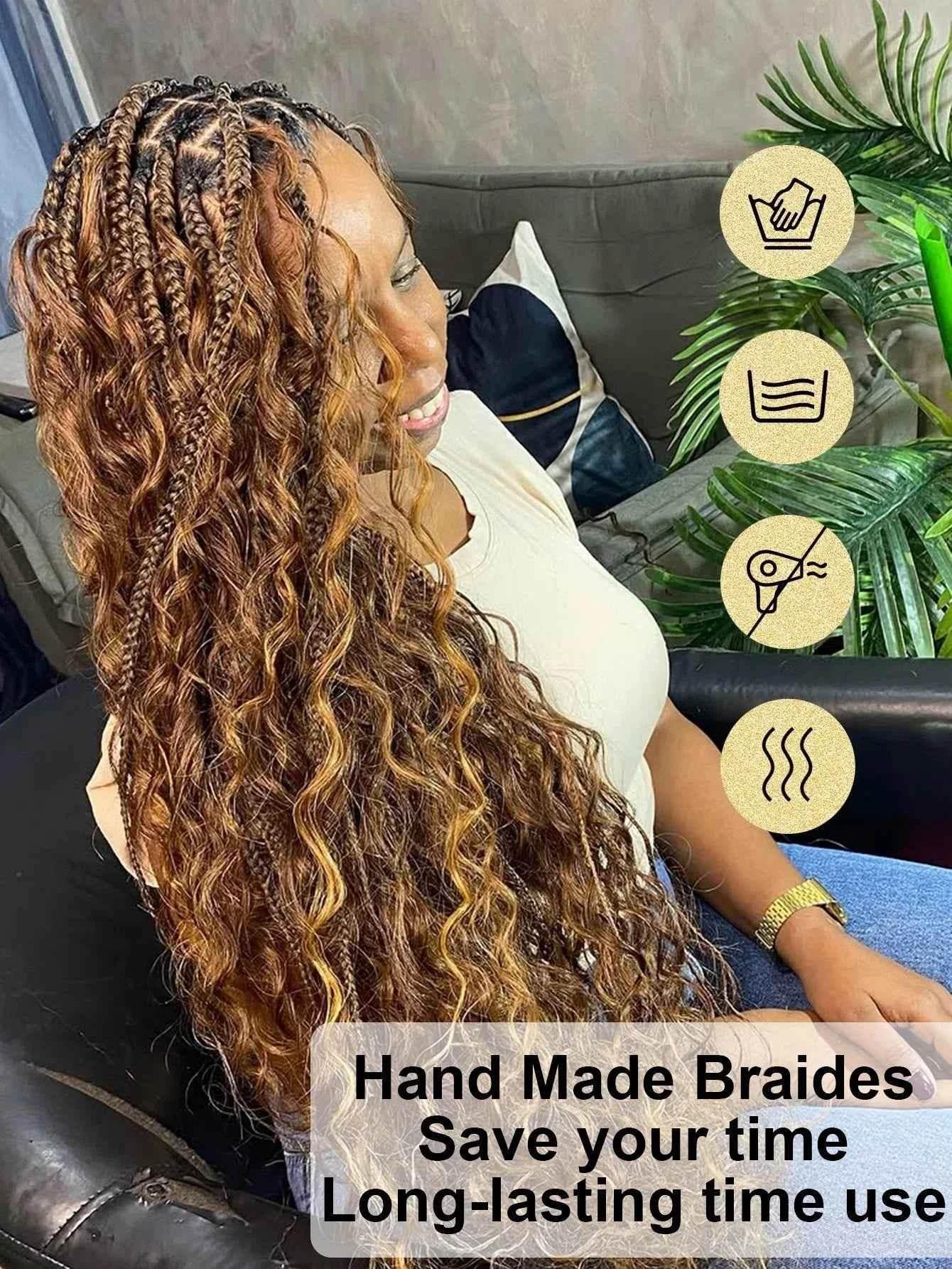 Synthetic Blonde Goddess Boho Box Braided Wigs For Women Braided Full Lace Wig With Curly Hair Ends Big Part Knotless Box Braids Wigs by DSERS / AliHairs Store