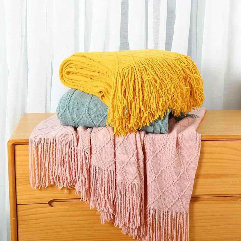 Bohemian Couch Blanket Large Knitted Tassel Throw for Bed Chair Sofa Couch Cover All-Season Blankets Home Decor Soft Comfortable by DSERS