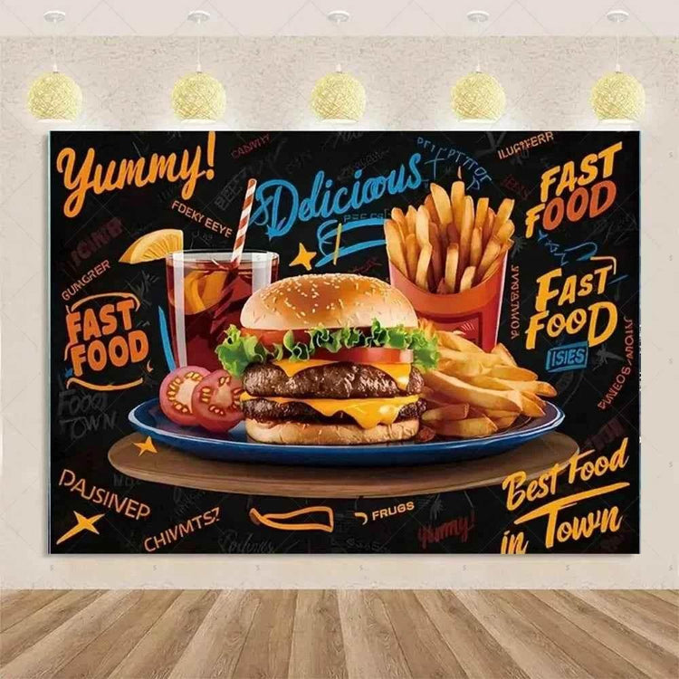Quick Food Theme Birthday Party Decoration Hamburger French Fries Pizza Background Banner Photography Backdrop Supplies Kid Gift by DSERS