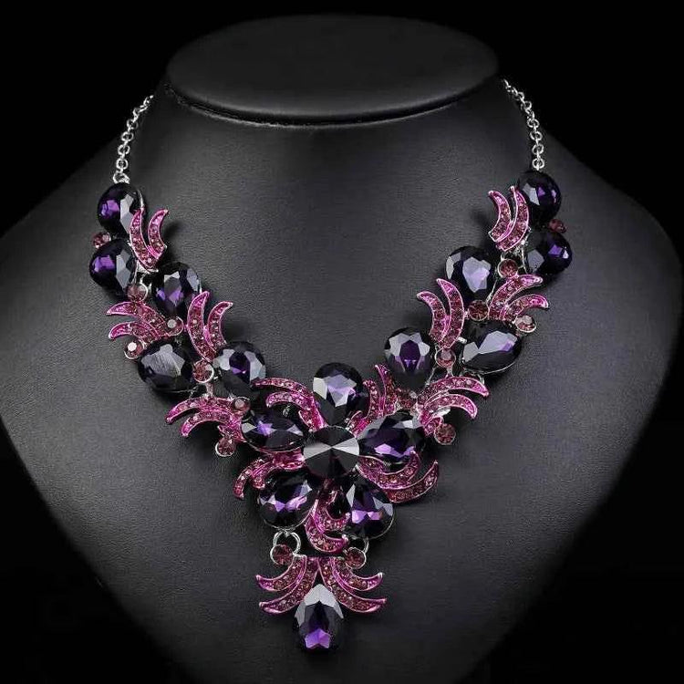 Luxury Purple Crystal Flower Jewelry Set for Women Rhinestone Stud Earrings & Necklace Wedding Party Accessory Bridal Gift by George Black
