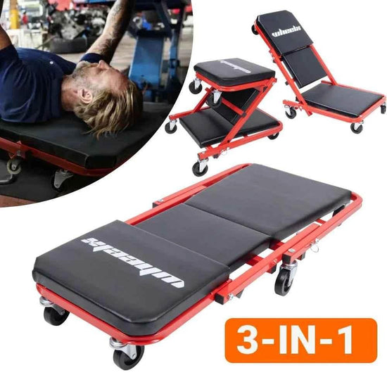 3-in-1 Rolling Mechanic Creeper Z Seat, Foldable Garage Chair Lay Down Sit Lean Back, Under Car Shop Auto Repair, Red Black Mechanic Creeper by DSERS