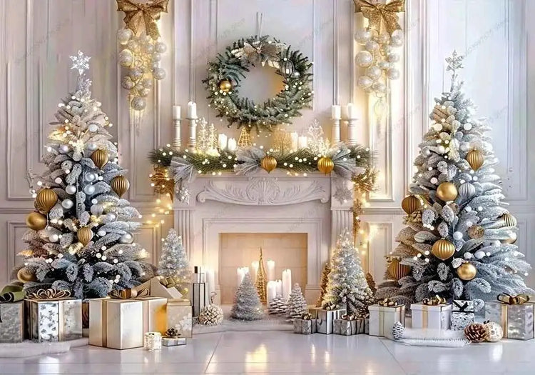 White Christmas Fireplace Background Xmas Tree Garland Gift Photography Backdrop Family Kids Holiday Party Banner Photo Studio by DSERS