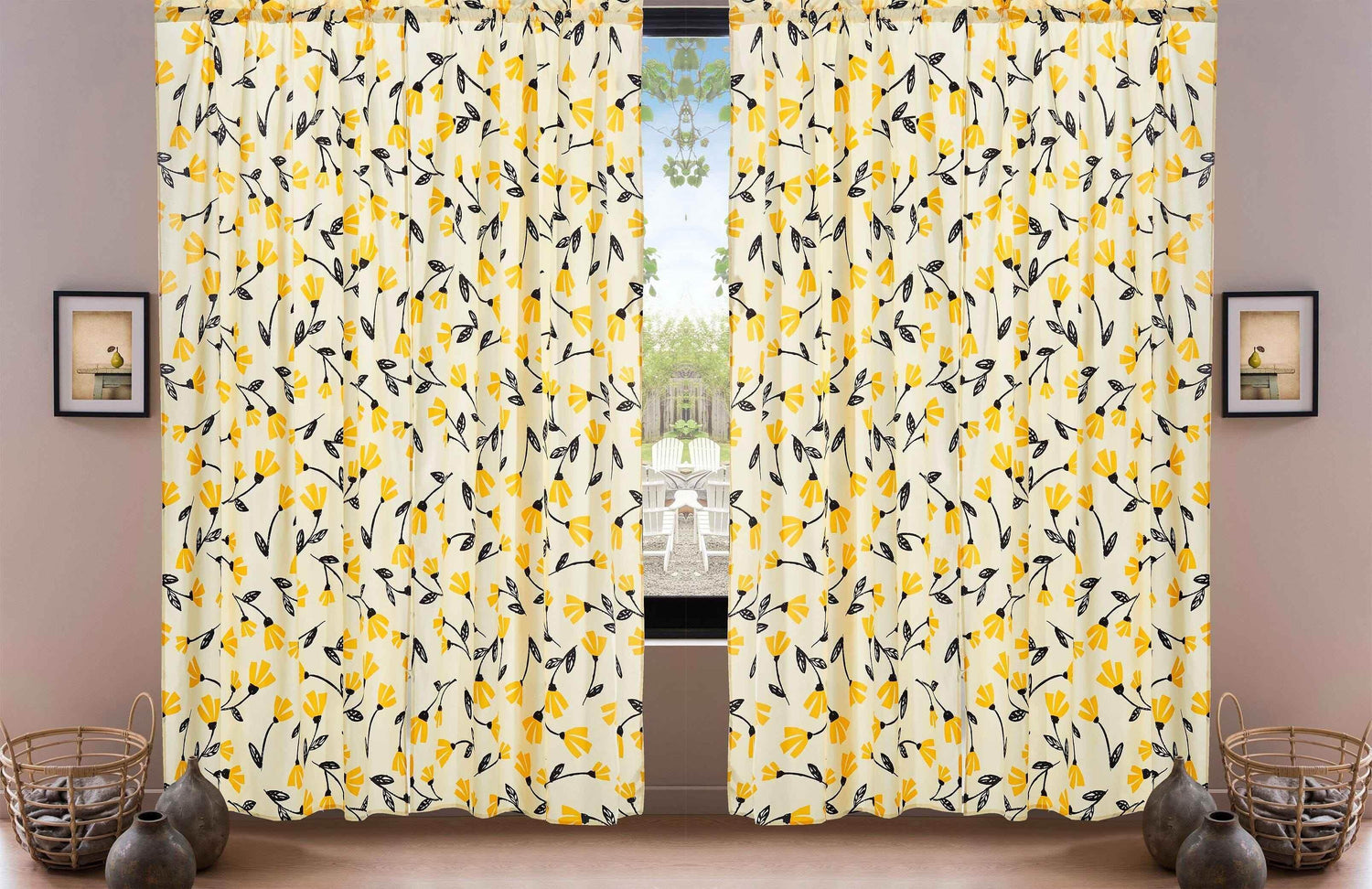 DaDa Bedding Set of 2 Botanical Floral Window Curtain Panels - Natural Semi Sheer Yellow Fleur Golden Orange Spring Time Tulips Straight Tailored Edge Curtains by DaDalogy Bedding Collection