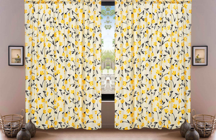 DaDa Bedding Set of 2 Botanical Floral Window Curtain Panels - Natural Semi Sheer Yellow Fleur Golden Orange Spring Time Tulips Straight Tailored Edge Curtains by DaDalogy Bedding Collection