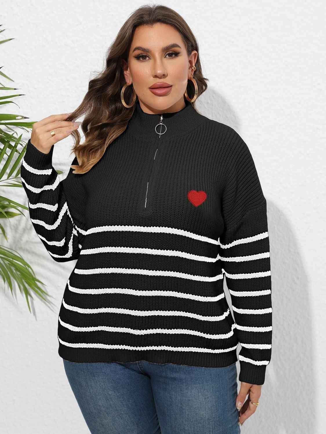Plus Size Zip-Up Striped Sweater women Attire by Trendsi